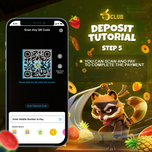 6 Club deposit tutorial, step 5, showing a QR code scan interface on a smartphone with a playful raccoon mascot and vibrant background.